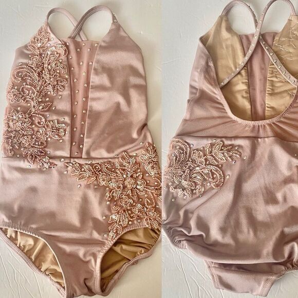 Custom solo custom dance costume leotard blush mauve rhinestone MC med child - Picture 2 of 14